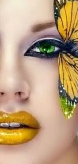 Close-up of face with yellow butterfly makeup art.