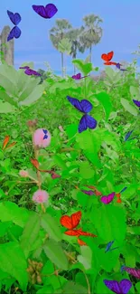 Green meadow with vibrant butterflies fluttering around lush vegetation.