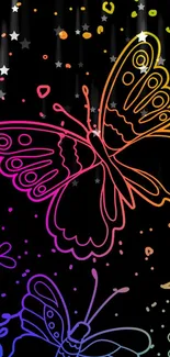 Colorful butterfly sketch on black mobile wallpaper.