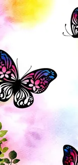 Vibrant butterfly wallpaper with watercolor effect and floral elements.