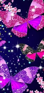 Vibrant butterfly wallpaper with pink, purple, and glitter accents on a dark blue background.