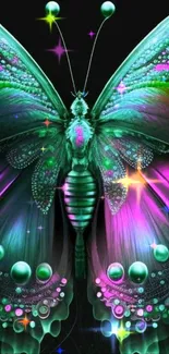 Vibrant butterfly with green and purple wings on a mobile wallpaper.