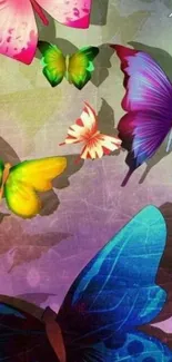 Vibrant mobile wallpaper with colorful butterflies and artistic shadows.