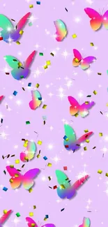 Bright mobile wallpaper with rainbow butterflies on lavender.