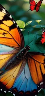 Orange and blue butterfly on lush green leaves with red accents.