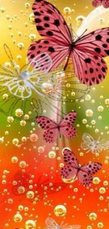 Colorful mobile wallpaper with pink butterflies and orange gradient.