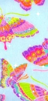 Colorful butterflies with psychedelic patterns on light blue background.