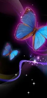 Vibrant wallpaper with blue butterflies and neon purple swirls.