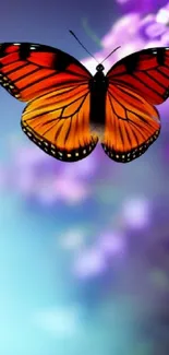 Orange butterfly with purple flowers background.