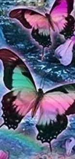 Vibrant pink and teal butterflies in a mystical setting.