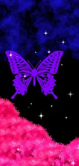 Purple butterfly with cosmic colors background.