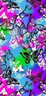 Colorful butterfly pattern mural, vibrant and lively.