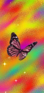 Colorful butterfly on a vibrant, rainbow background.