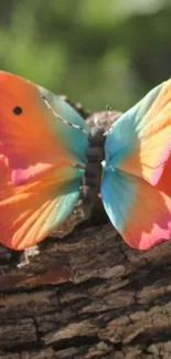 Vibrant butterfly with colorful wings on tree bark.