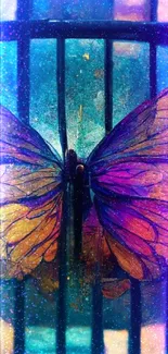 Vibrant butterfly with colorful wings in a cage, artistic mobile wallpaper.