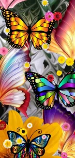 Colorful butterfly wallpaper with floral accents.