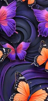 Vibrant purple and orange butterfly wallpaper with dark swirls.