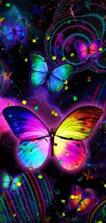 Colorful butterflies on a vivid rainbow background mobile wallpaper.