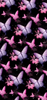 Colorful butterfly pattern on black background mobile wallpaper.