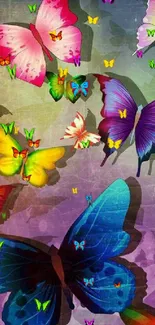 Colorful butterfly design on mobile wallpaper with vibrant purple background.