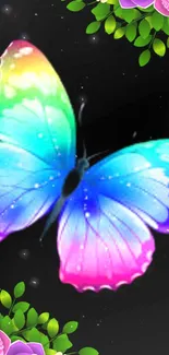 Colorful butterfly with floral accents on dark background.