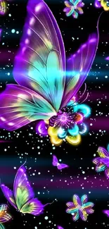 Vibrant butterfly wallpaper in purple and teal on black background.