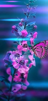 Pink butterfly resting on vibrant teal flowers, perfect for mobile wallpaper.