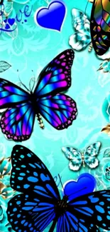 Vibrant turquoise wallpaper with colorful butterflies.