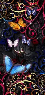 Vibrant butterfly wallpaper with colorful designs on a dark background.