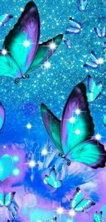 Colorful wallpaper with vibrant butterflies in teal and purple on a blue background.