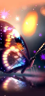 Colorful butterfly with glowing wings on mobile wallpaper.