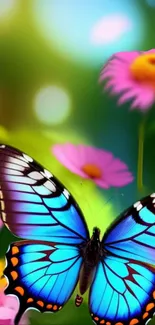 Blue butterfly on flowers with a vibrant, colorful background