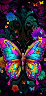 Vibrant butterfly and floral wallpaper.