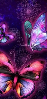 Colorful butterflies on a purple galaxy-themed wallpaper.