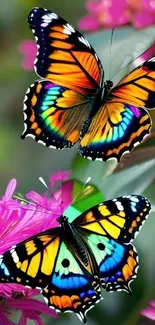 Two vibrant butterflies on pink flowers, vivid colors.