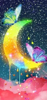 Colorful crescent moon with butterflies.