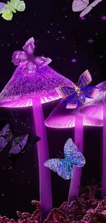 Purple mushrooms with colorful butterflies on a dark background.