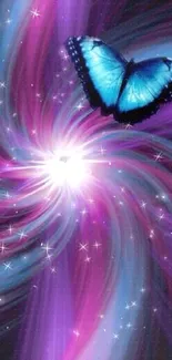 Vibrant swirling butterfly nebula wallpaper with blue and purple hues.