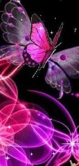 Vibrant neon butterfly on floral background in magenta and black hues.