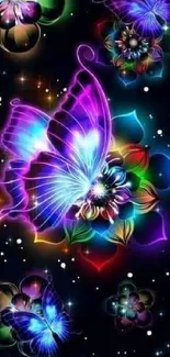 Vibrant neon butterfly with colorful floral design set against a dark background.