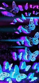 Vibrant neon butterflies on a black background mobile wallpaper.