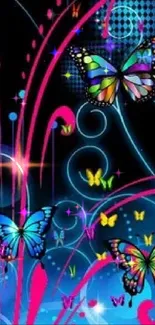 Vibrant neon wallpaper with butterflies and abstract patterns.