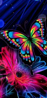 Colorful neon wallpaper with butterfly and flowers.