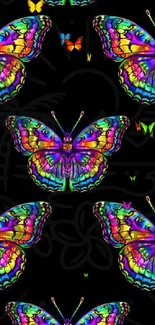 Vibrant neon butterflies on a black background.