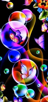 Vibrant neon butterflies in colorful bubbles on a black background.