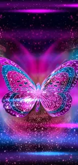 Vibrant pink and purple neon butterfly wallpaper with cosmic effects.