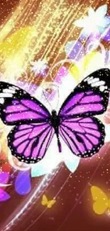 Vibrant butterfly with neon lights and colorful floral background.