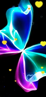 Bright neon butterfly with glowing hearts on black background.