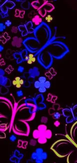 Neon butterflies on a dark background with vibrant pink and purple colors.