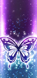 Neon butterfly with glowing purple lines and starry background.